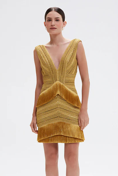 Pampas Fringe Mini Dress - Gold by PatBo — view 4