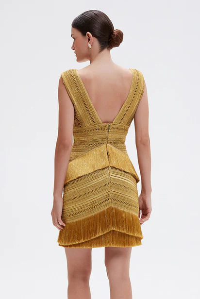 Pampas Fringe Mini Dress - Gold by PatBo — view 3