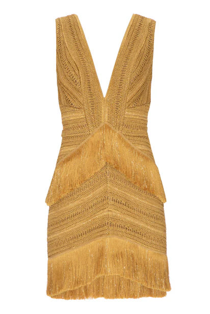 Pampas Fringe Mini Dress - Gold by PatBo — view 5