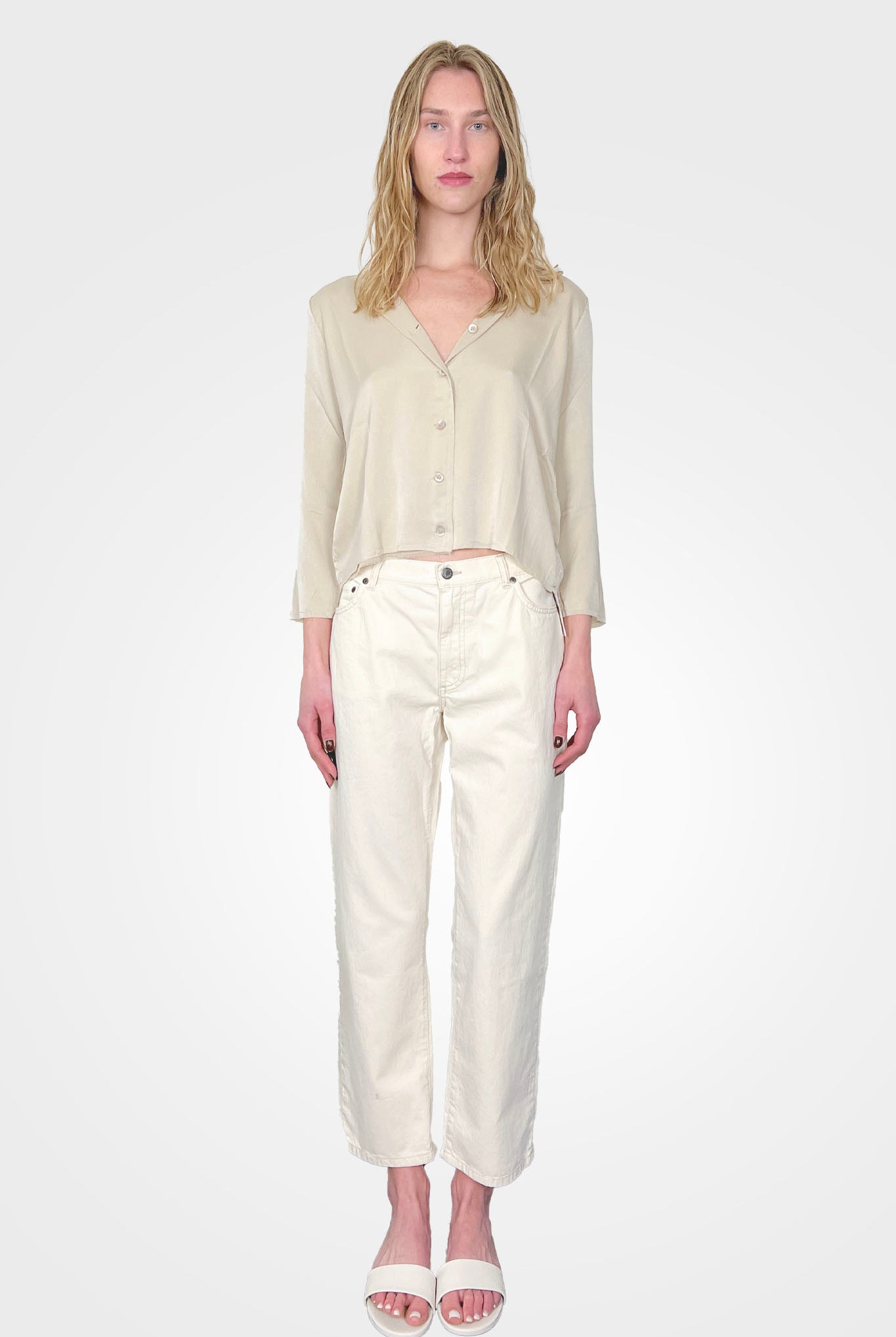 Silk Collarless Blouse - Latte by Private 0204 — view 3