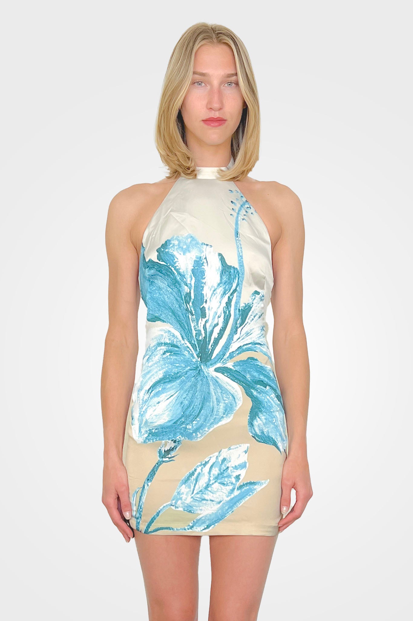 Bleu High Neck Mini Dress - Beige by Rococo Sand — alternate view