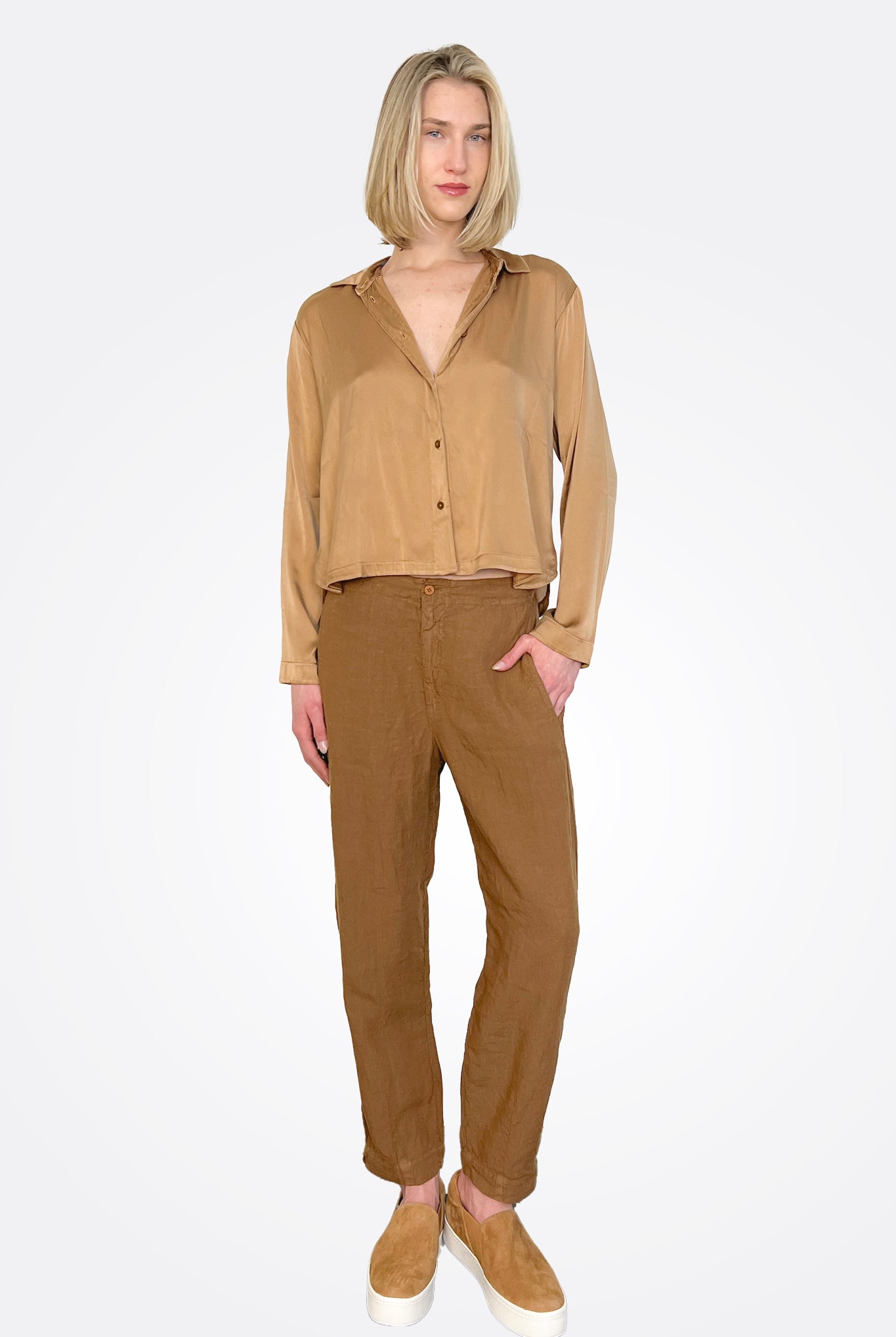 Long Sleeve Stretch Silk Satin Shirt - Rust by Transit Par-Such — view 4