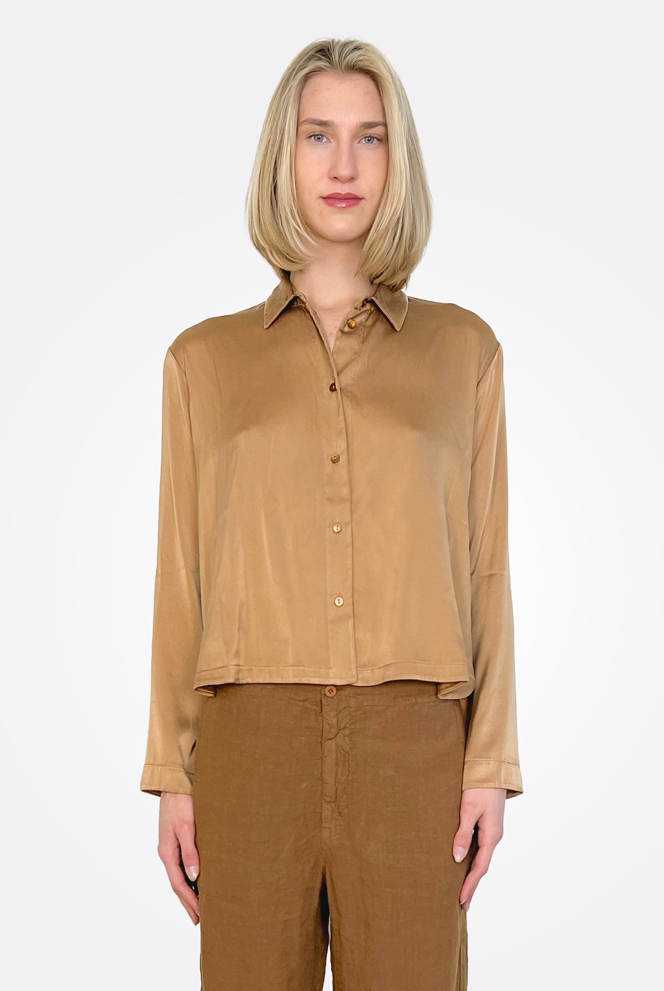 Long Sleeve Stretch Silk Satin Shirt - Rust by Transit Par-Such — view 3