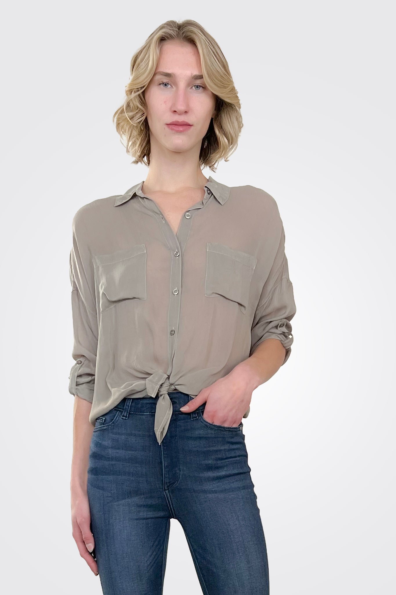 Cargo Pocket Tie Front Top - Sand by Maven West | 25 South Boutiques