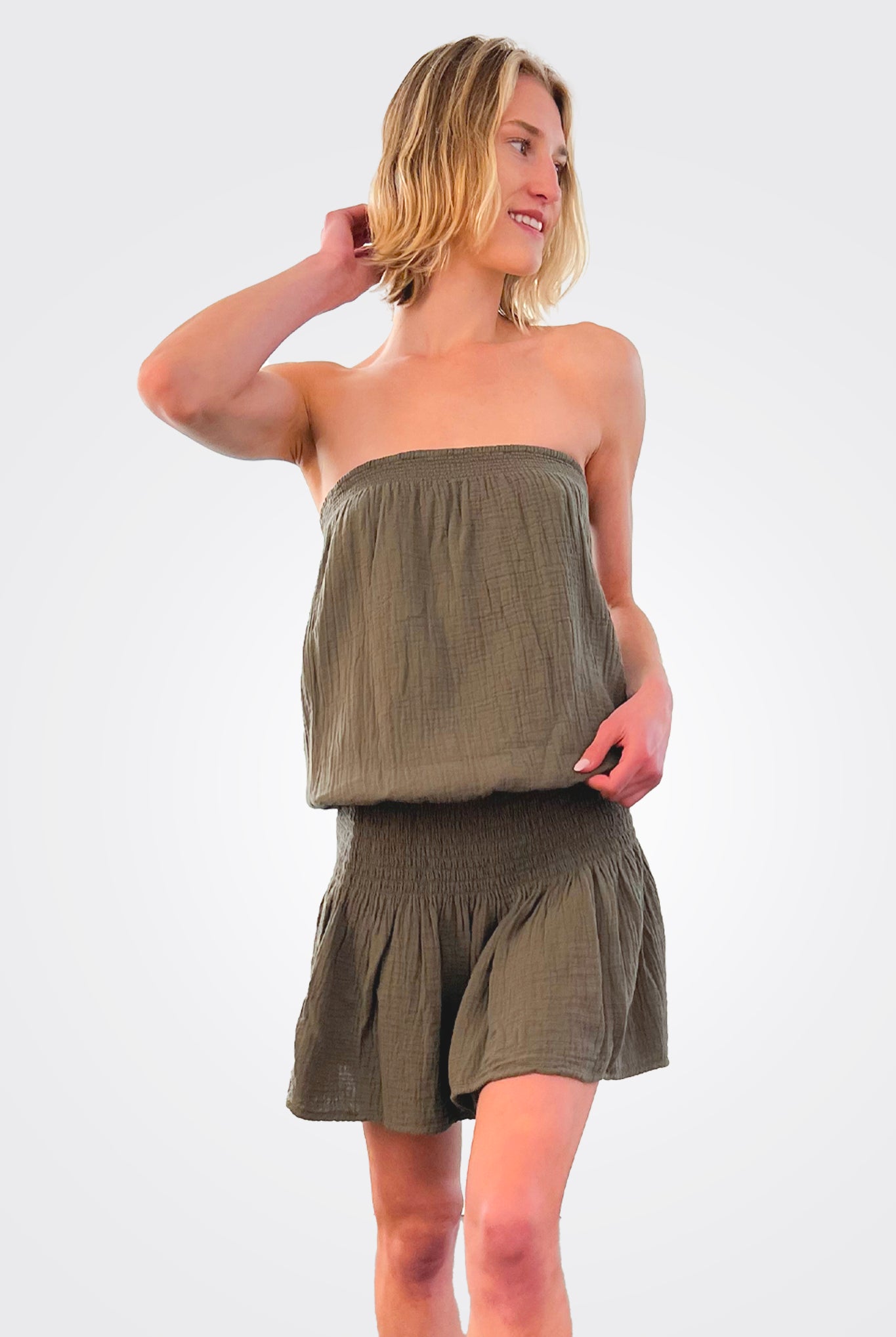 Strapless Short Dress w/ Smock Waist - Troops by Bobi — alternate view