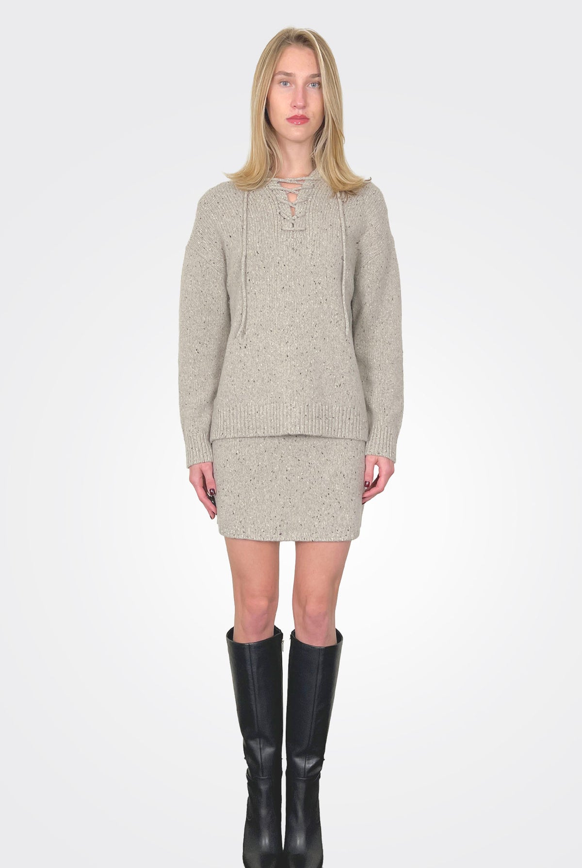 Speckled Tweed Tie Neck Pullover - Beige by Theory — alternate view