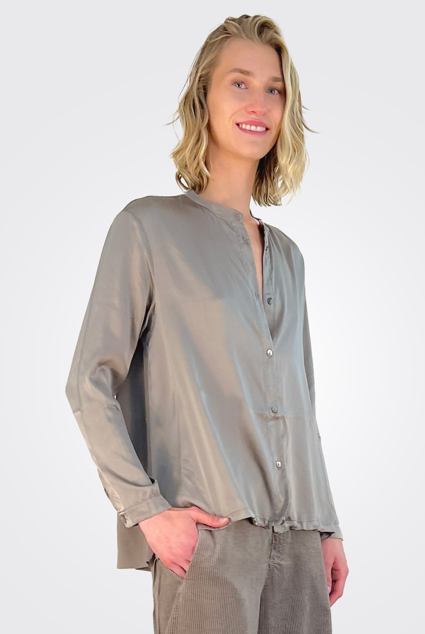 Button Down Tie Shirt - Taupe by Transit Par-Such — view 3