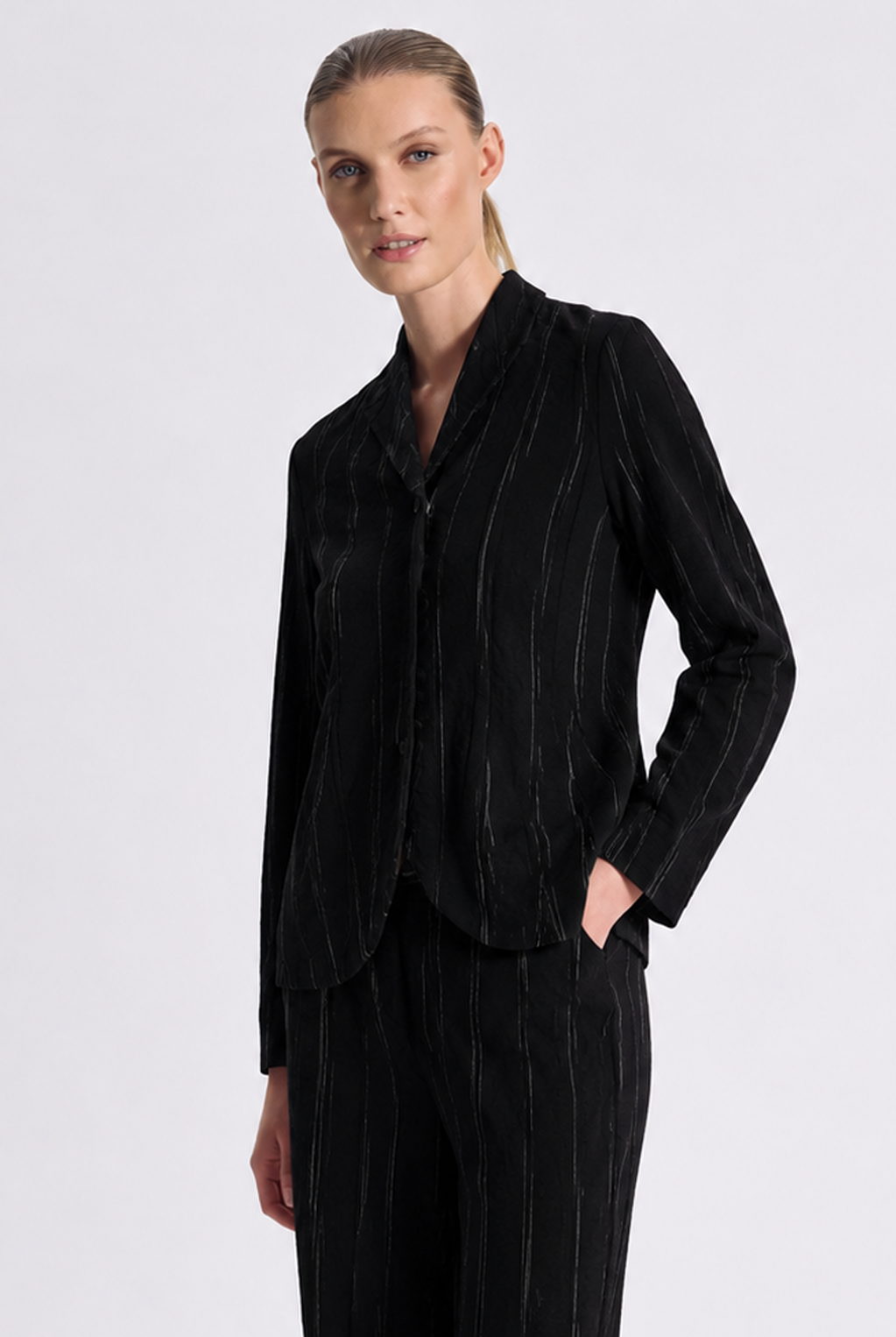 Flared Pinstripe Jacket - Black by Transit Par-Such | 25 South Boutiques