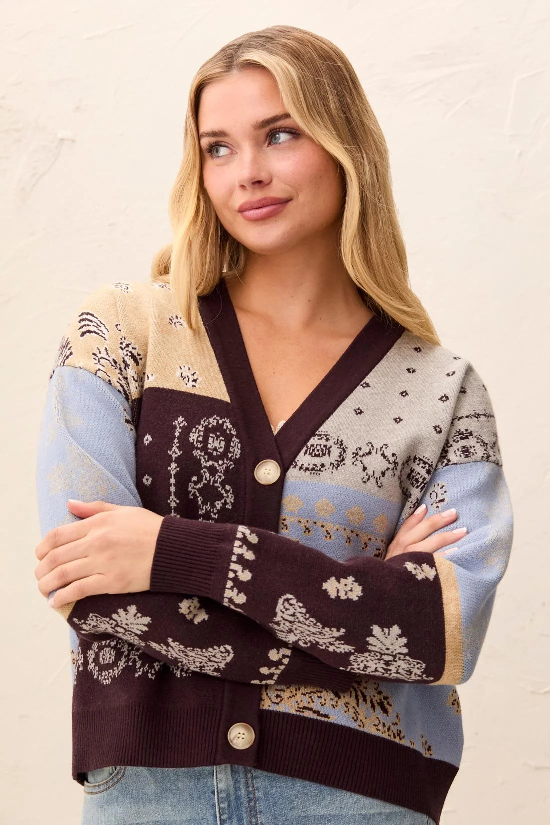 Tribal Novelty Jacquard V-Neck Sweater Cardigan - Satinsky
