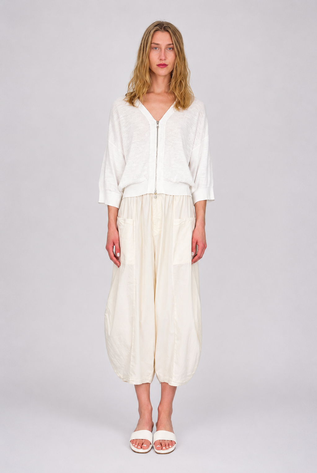 Short Sleeve Zip Cardigan - White by Transit Par-Such — alternate view