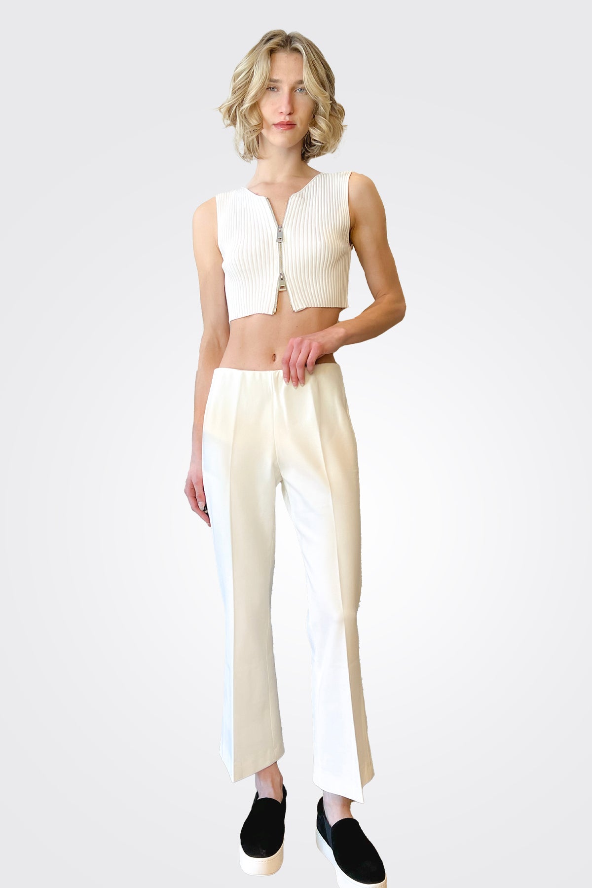 Cropped Ribbed Zip Top - Cream by Liviana Conti — view 3