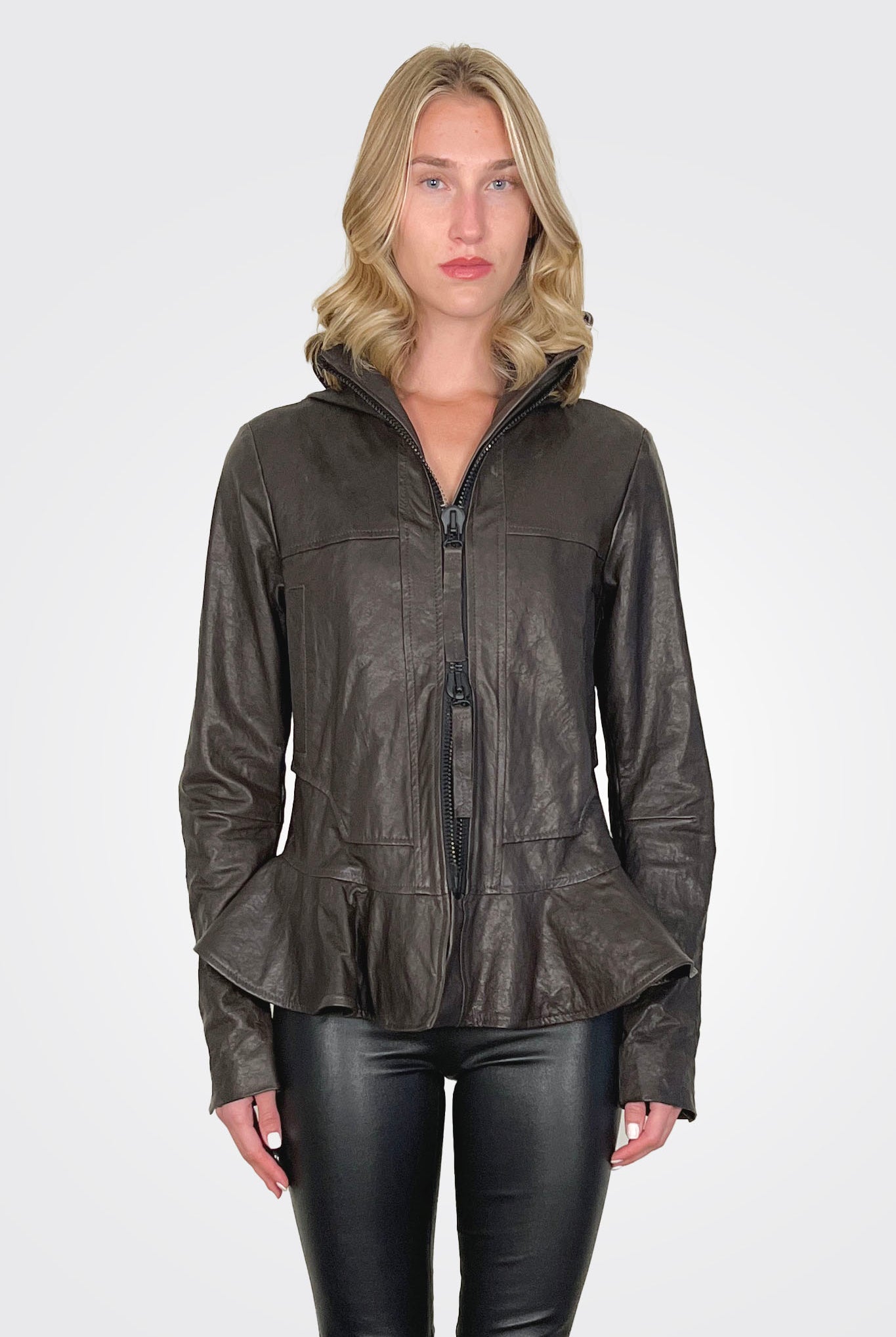 Flared Hem Hooded Leather Jacket - Turf by Rundholz — view 3