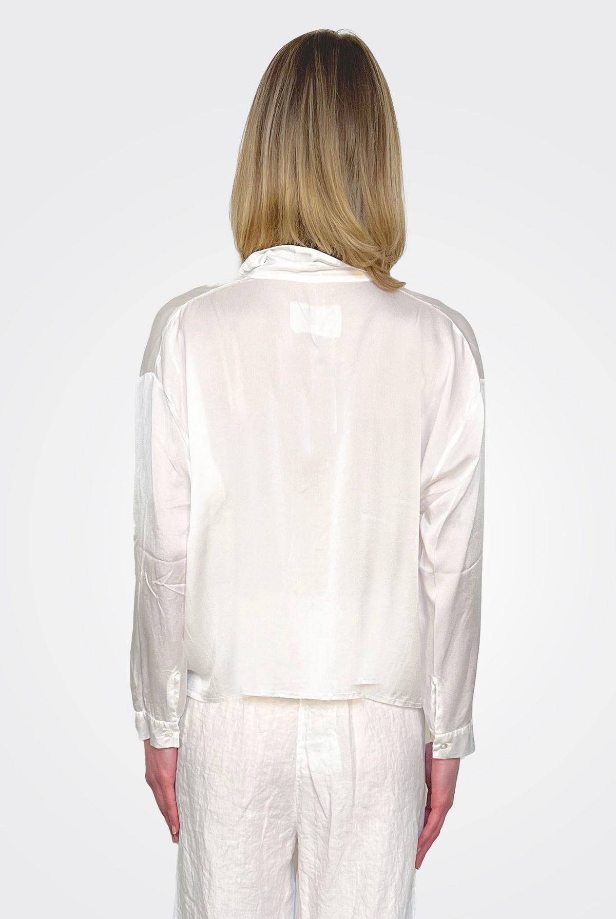 Cropped 3/4 Button Down Silk Blouse - White by Private 0204 — alternate view