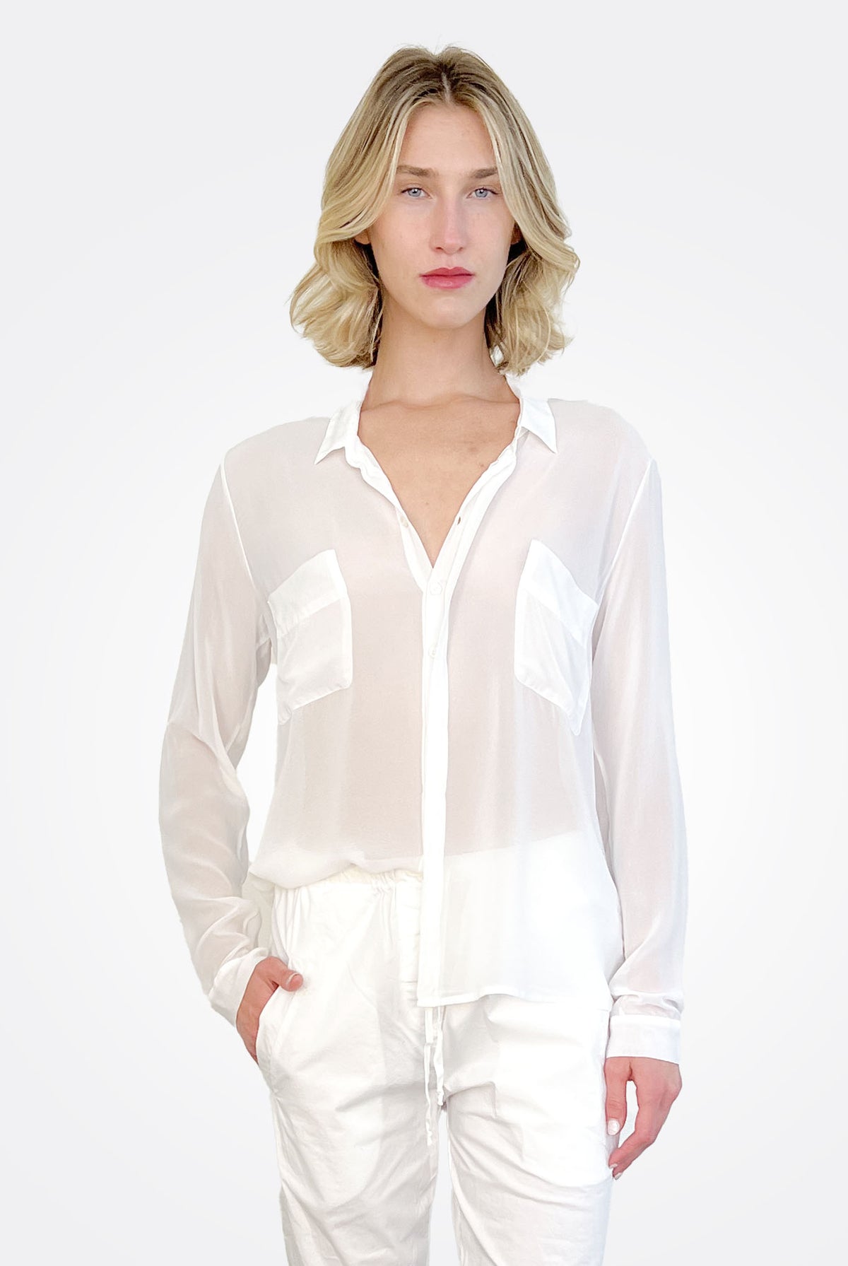 Pocket Silk Button Down - White by Private 0204 — alternate view