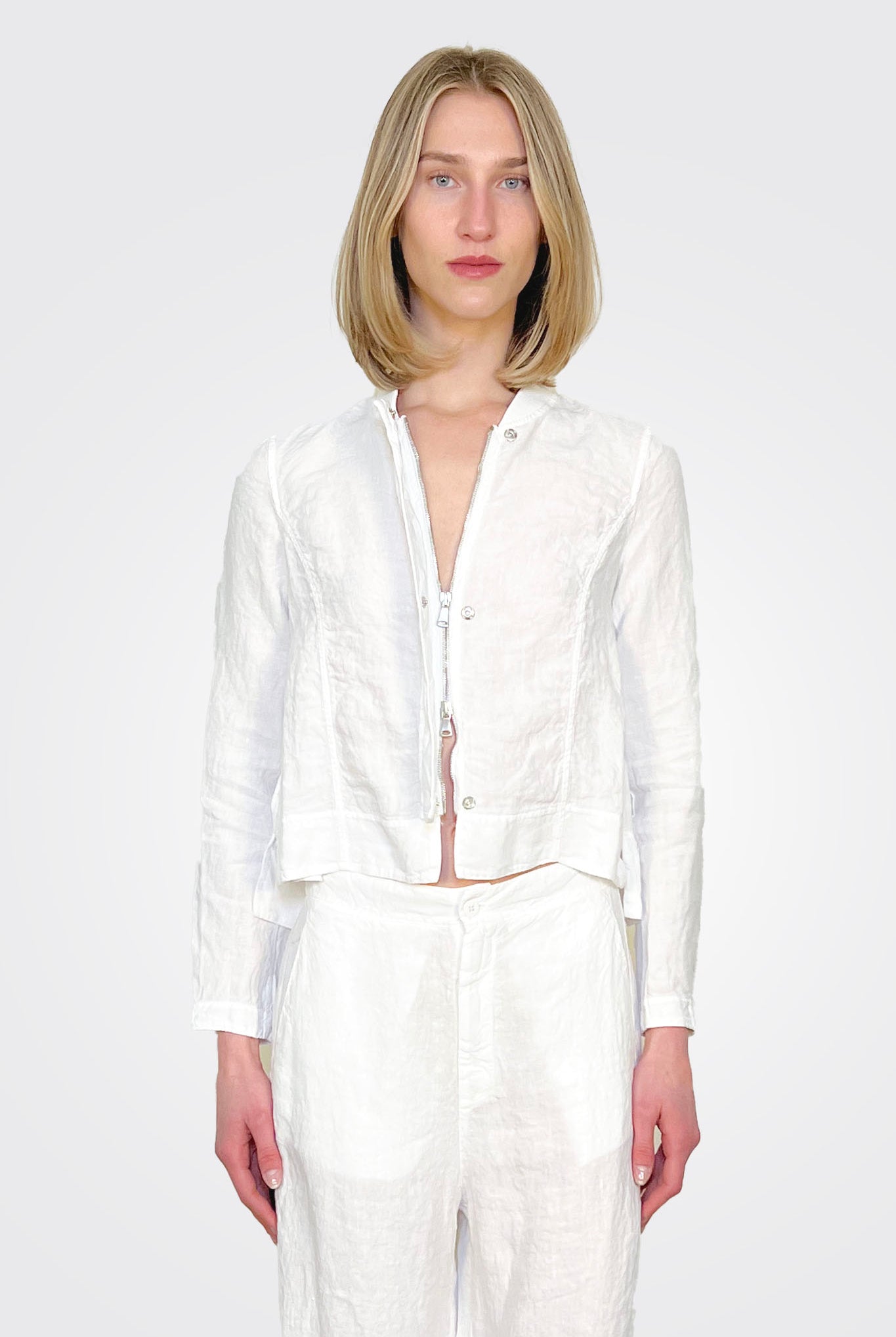 Linen Knitted Collar Zipped Jacket - White by Transit Par-Such — view 3