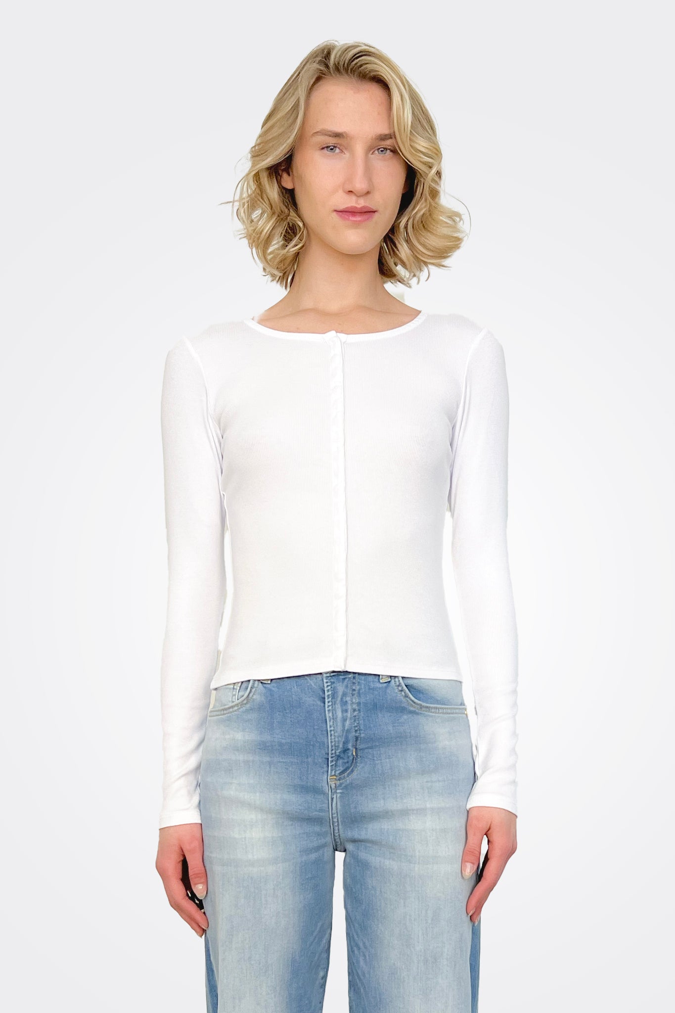 Rib Long Sleeve Snap Front Cardigan - White by Stateside | 25 South Boutiques