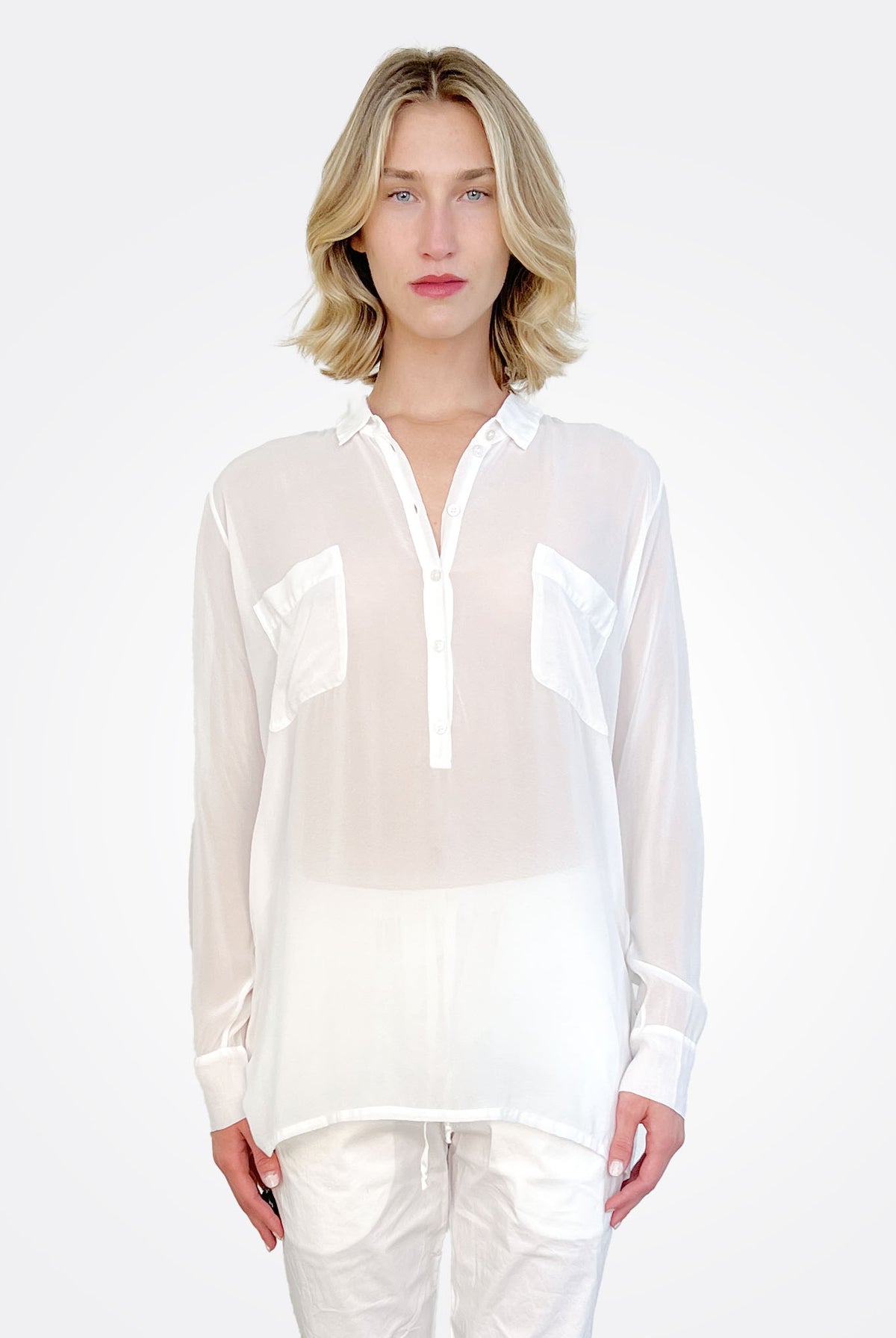 Pocket Oversized Silk Button Down - White by Private 0204 | 25 South Boutiques
