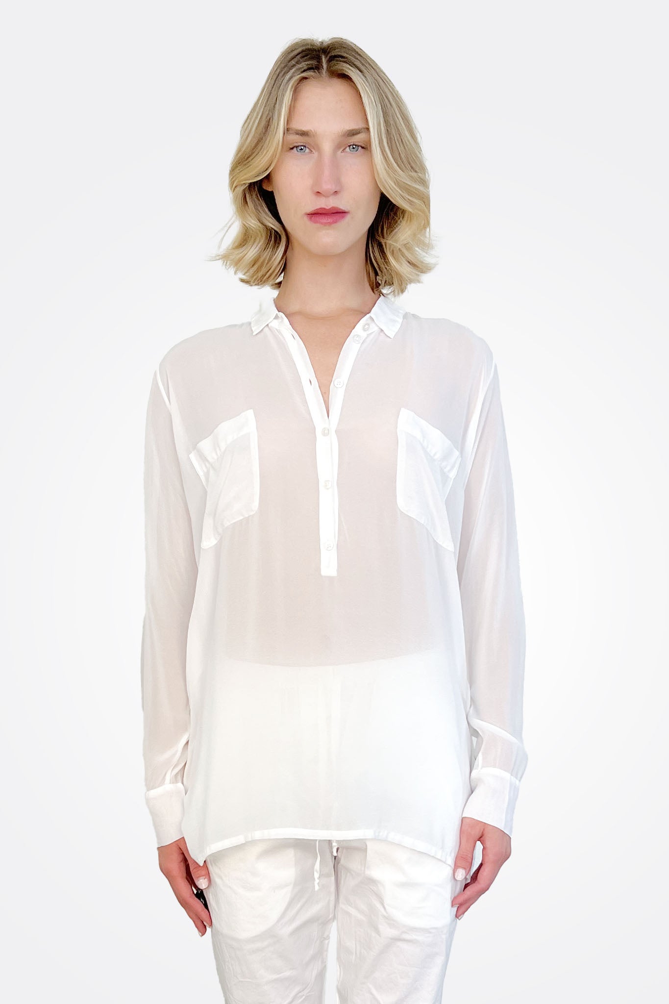 Pocket Oversized Silk Button Down - White by Private 0204 | 25 South Boutiques