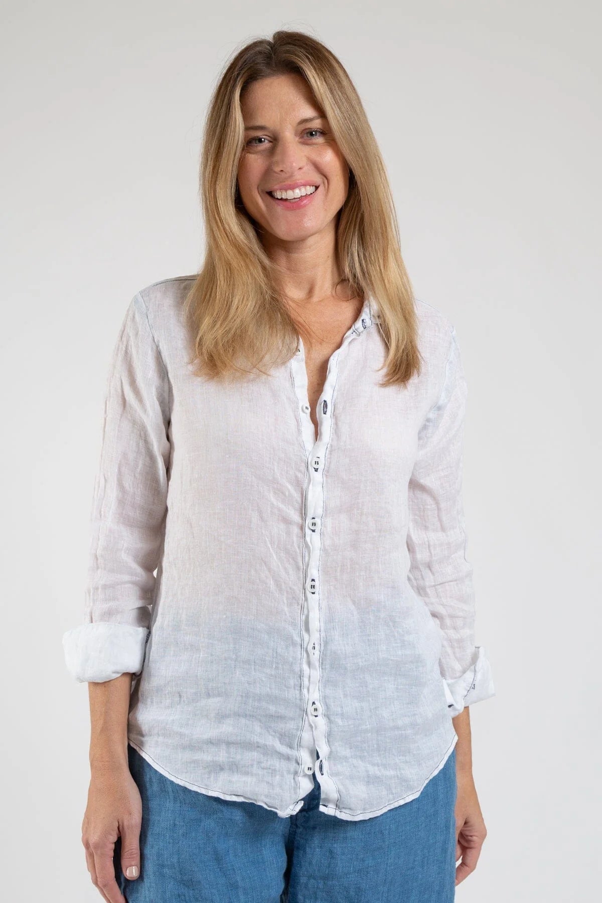Romy Linen Shirt - White Navy Stitch by CP Shades | 25 South Boutiques