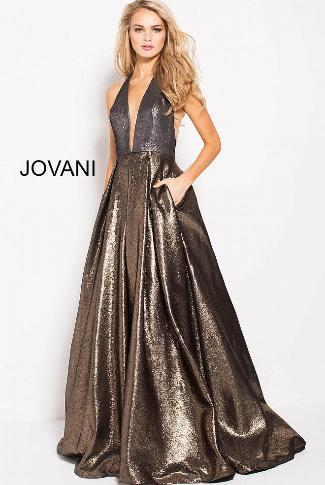Halter Neck A-Line Gown - Gold/Silver by Jovani | 25 South Boutiques
