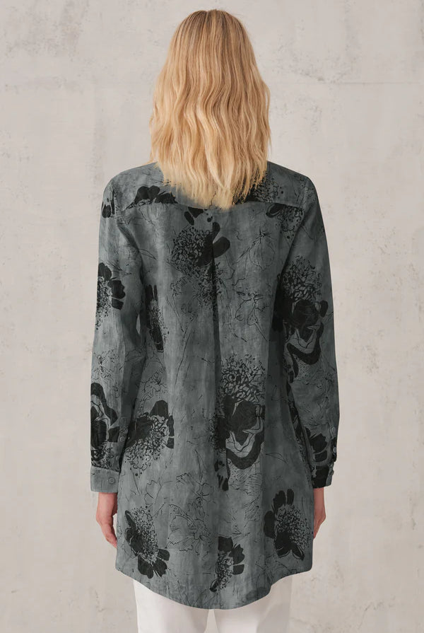 Printed Linen Mandarin Collar Shirt - Blue by Transit Par-Such — alternate view