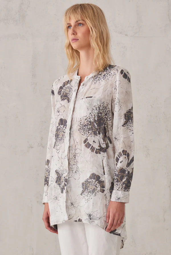 Printed Linen Mandarin Collar Shirt - White by Transit Par-Such — view 4