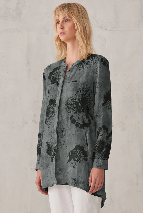 Printed Linen Mandarin Collar Shirt - Blue by Transit Par-Such — view 3