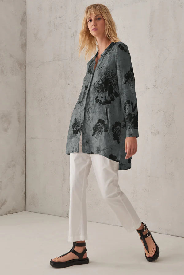 Printed Linen Mandarin Collar Shirt - Blue by Transit Par-Such — view 4