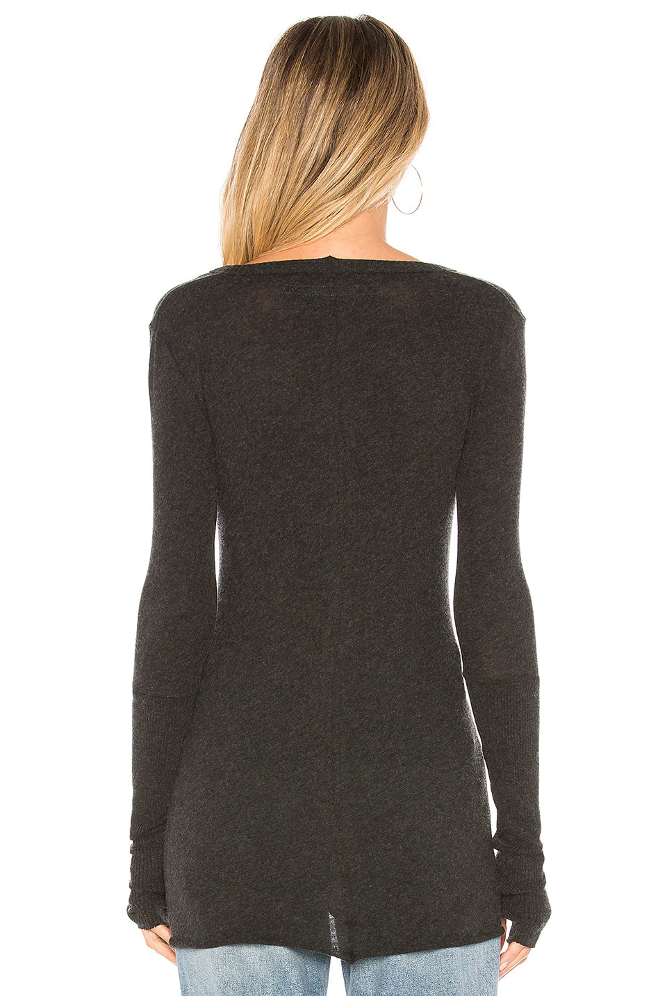 Cashmere Fitted Cuffed V Neck Sweater - Charcoal by Enza Costa — alternate view
