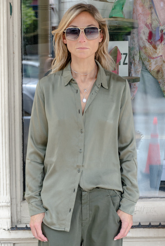 Stretch Satin Silk Shirt - Green by Transit Par-Such — view 5