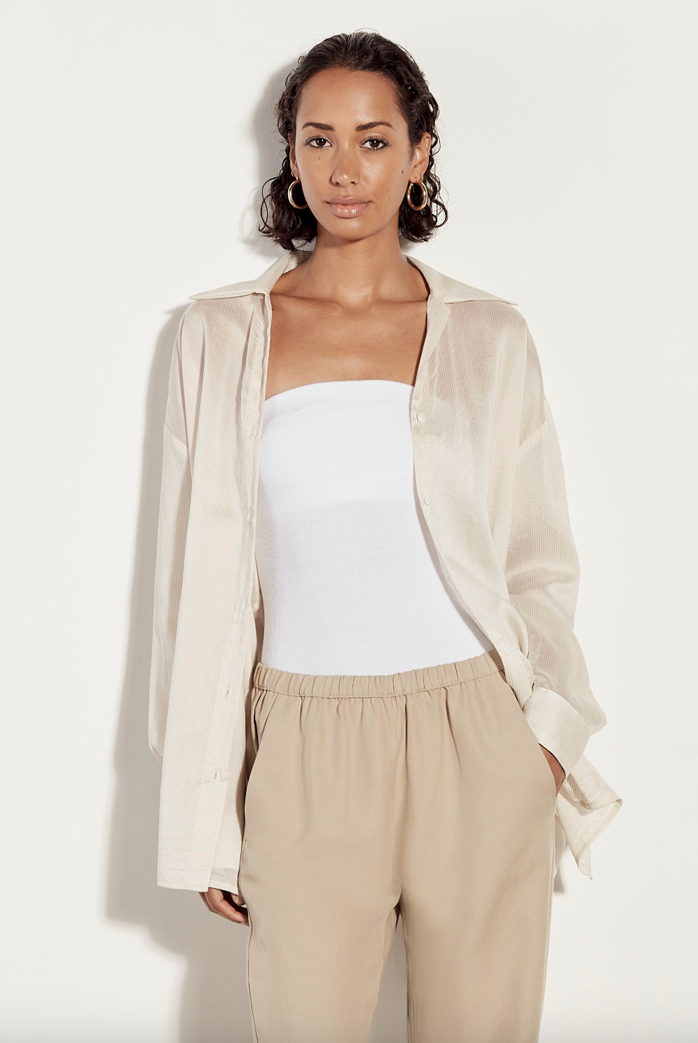 Striped Silk Shirt - Khaki Stripe by Enza Costa | 25 South Boutiques