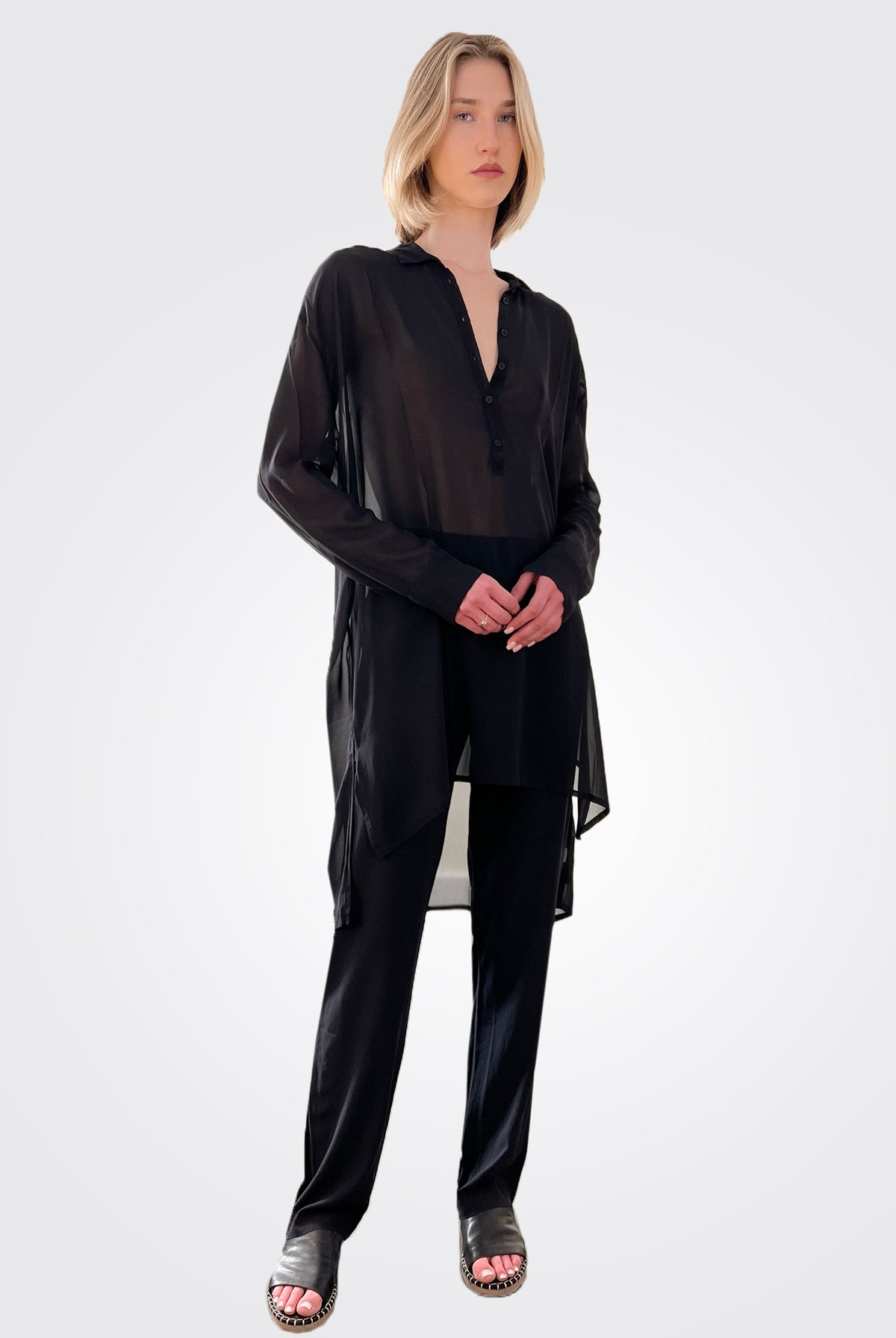 Silk Hi-Low Sheer Blouse - Black by Private 0204 — view 3
