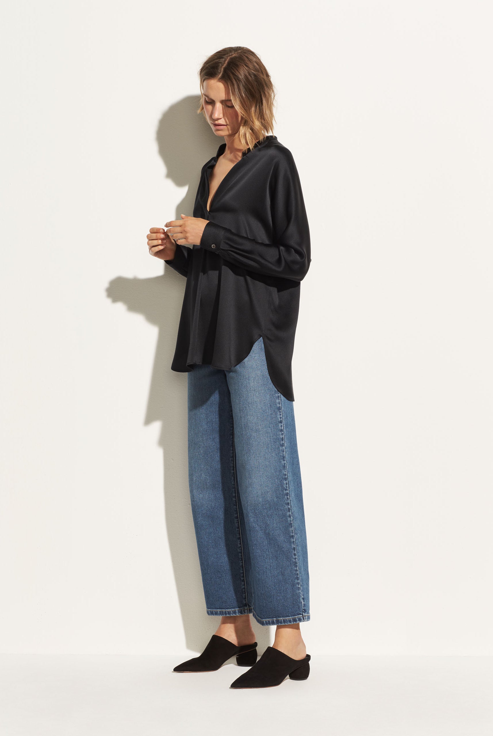 Band Collar Silk Blouse - Black by Vince — view 3