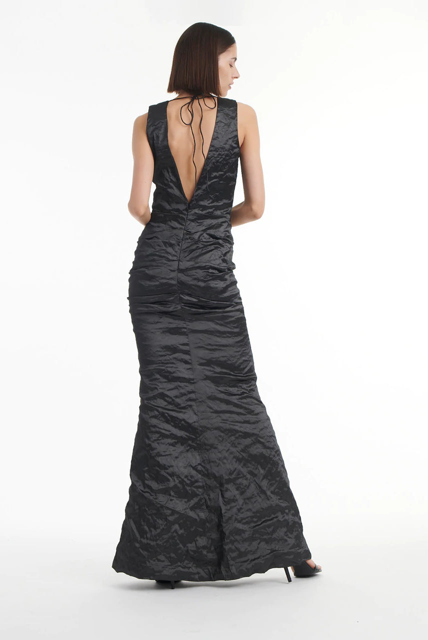 Solid Techno Metal Plunge Gown - Black by Nicole Miller — alternate view