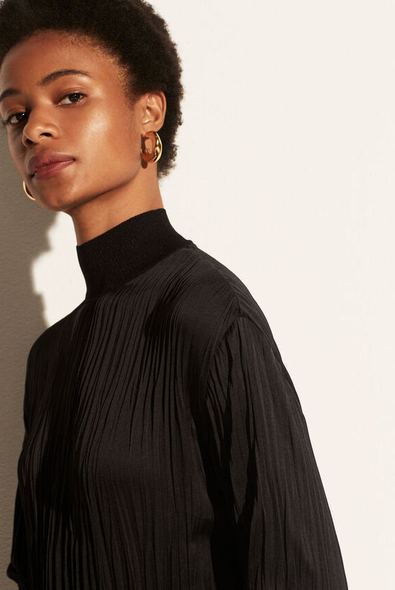 Rib Mock Neck Satin Long Sleeve - Black by Vince — alternate view