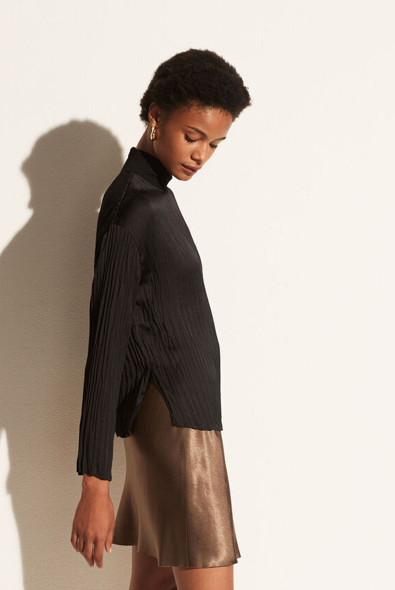 Rib Mock Neck Satin Long Sleeve - Black by Vince — view 3