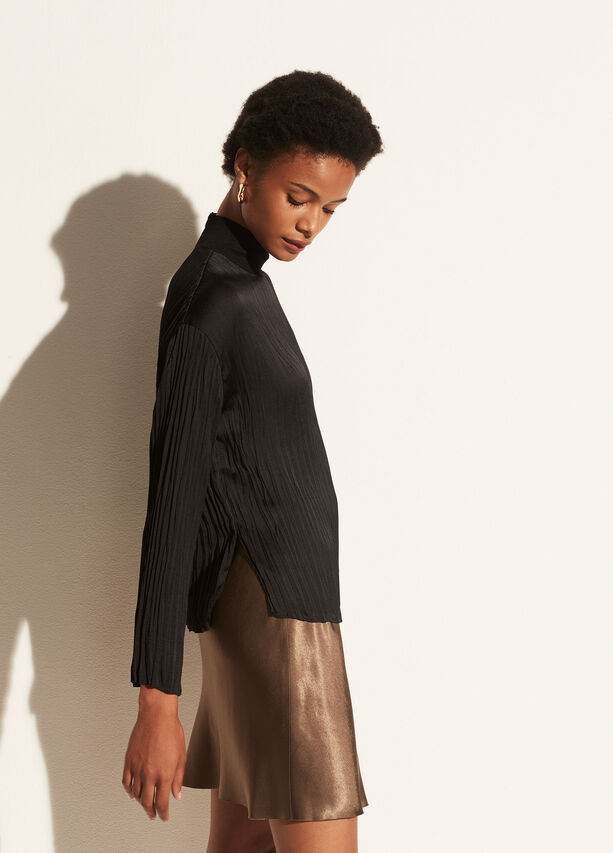 Rib Mock Neck Satin Long Sleeve - Black by Vince — view 3