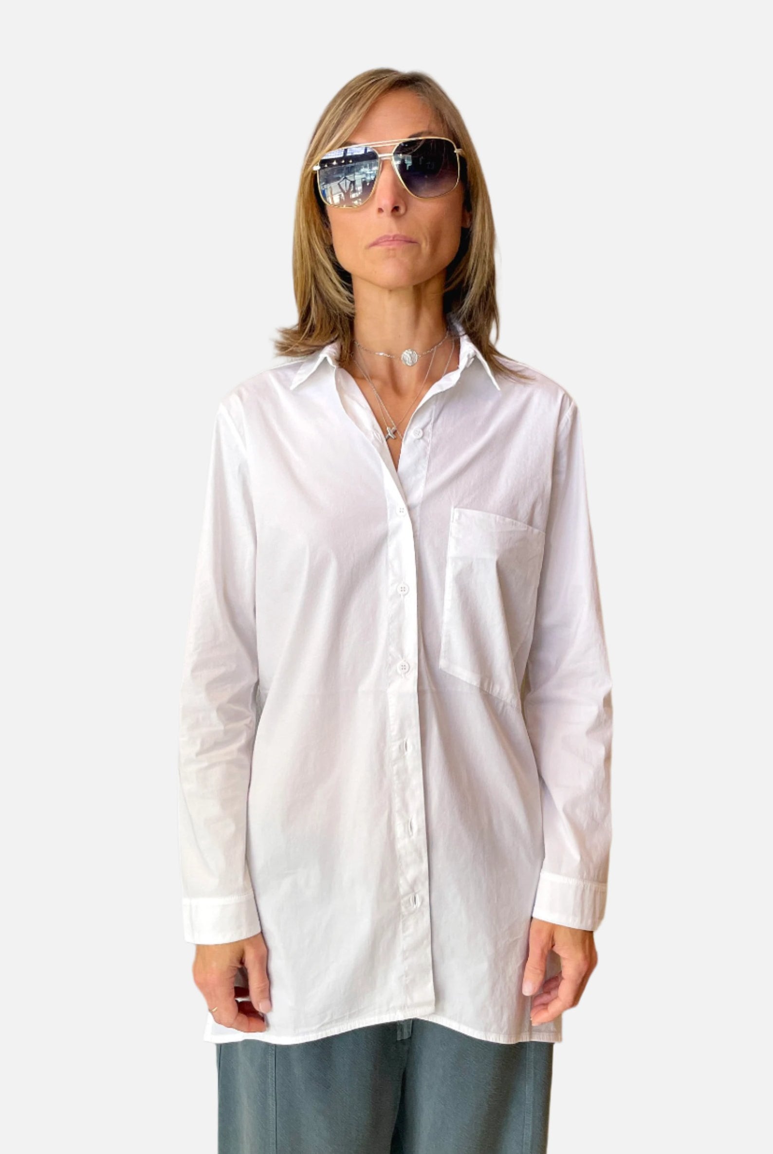 Comfort Fit Stretch Cotton Long Shirt w/ Side Vents - White by Transit Par-Such | 25 South Boutiques