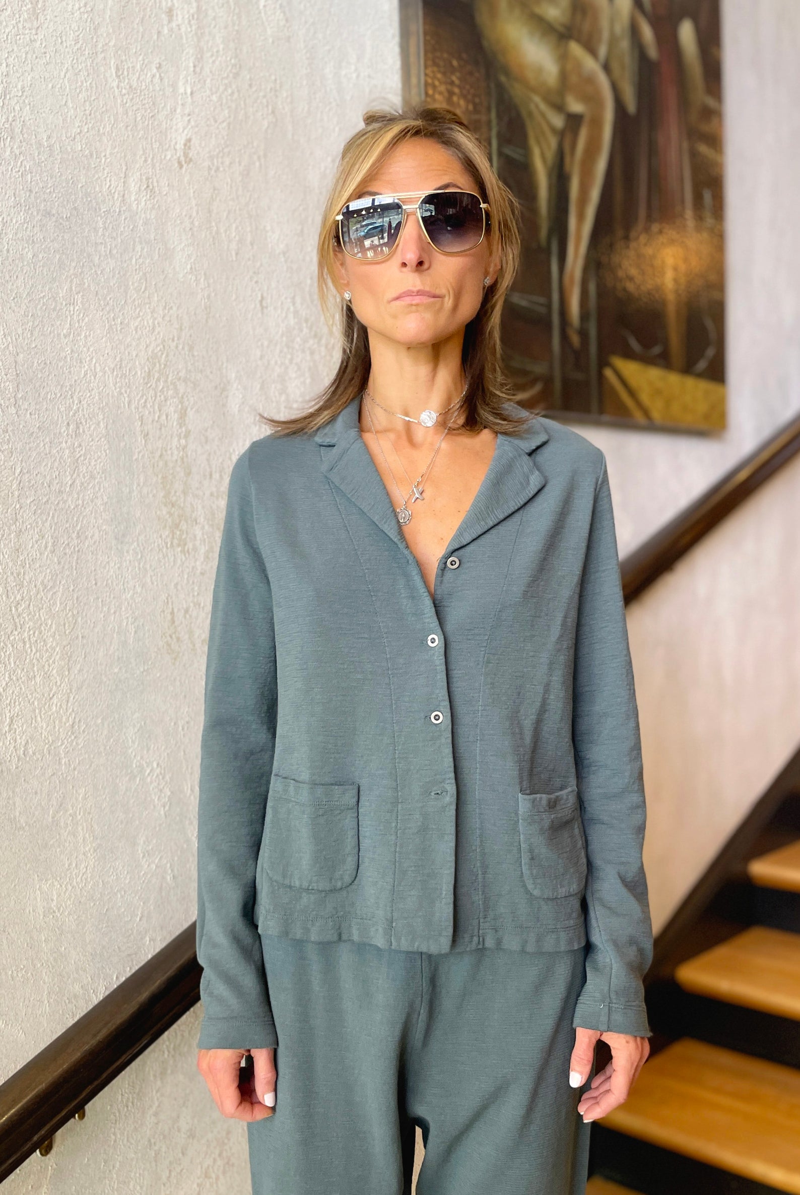 Slim Fit Shot Cotton Knitted Jacket - Blue by Transit Par-Such — alternate view