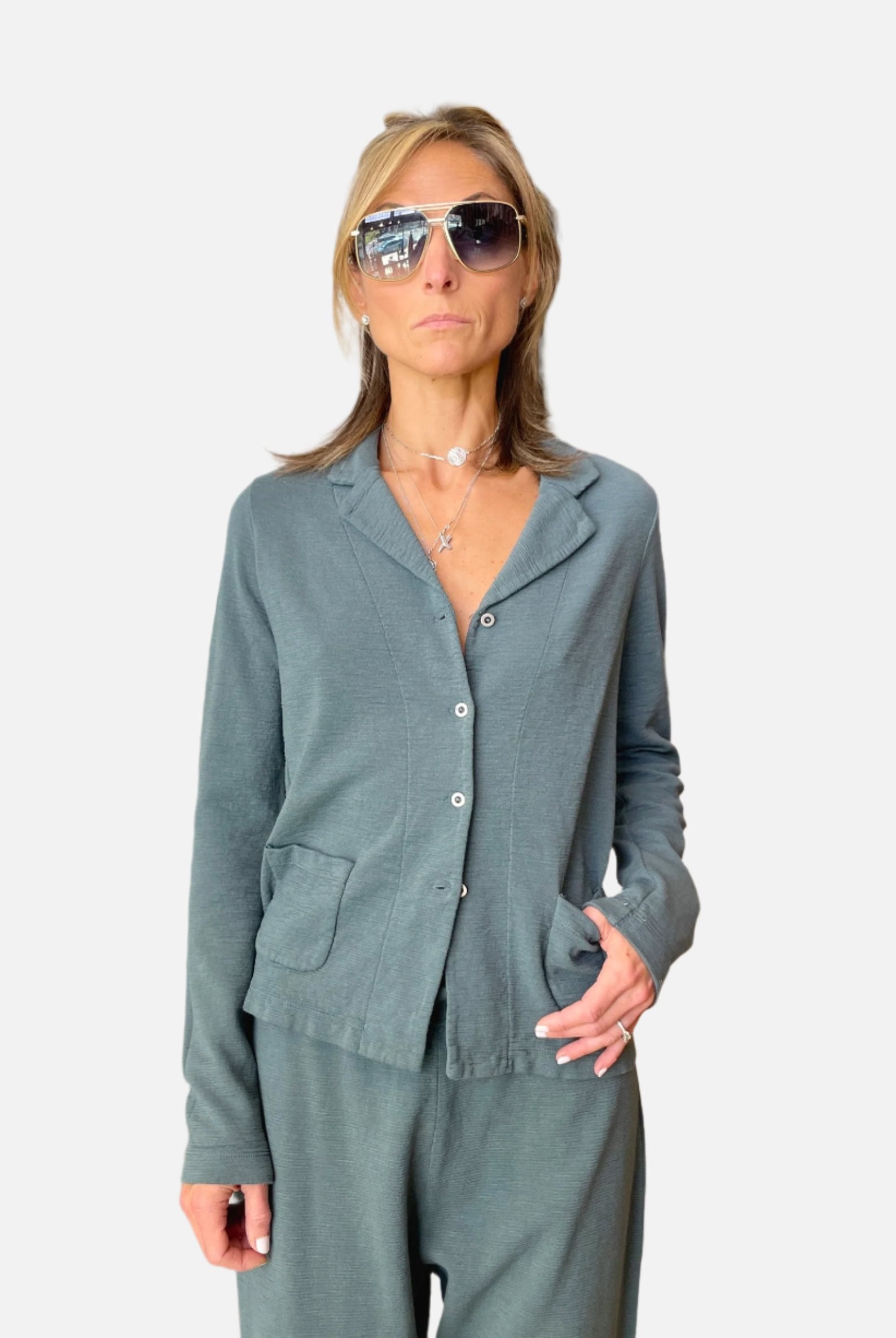 Slim Fit Shot Cotton Knitted Jacket - Blue by Transit Par-Such | 25 South Boutiques