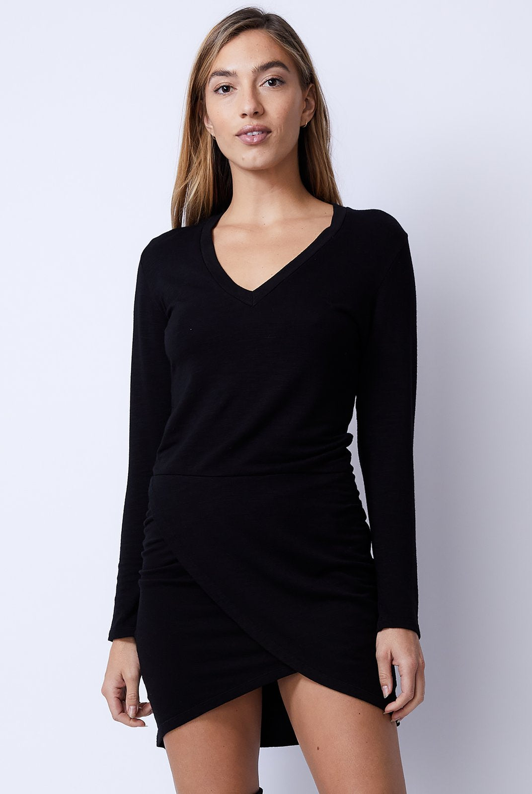 Supersoft Long Sleeve Overlap Shirred Dress - Black by Monrow | 25 South Boutiques