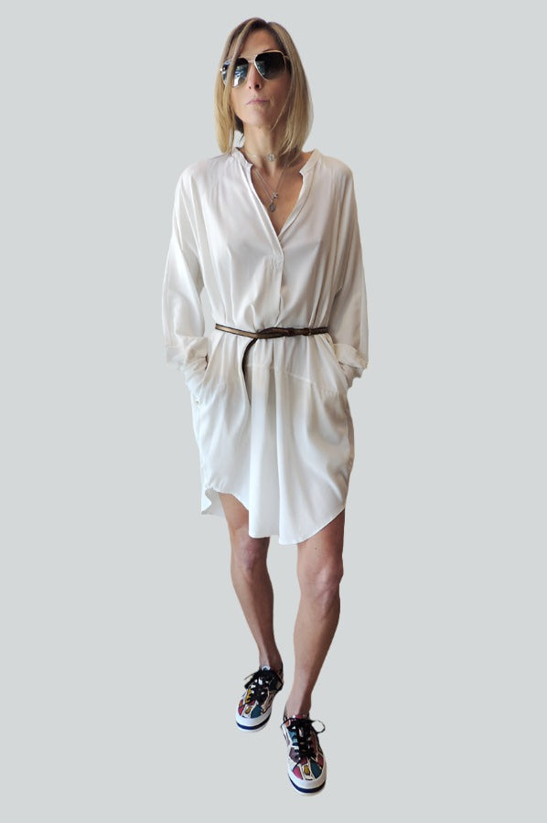 Long Sleeve V Neck Dress - White by Kristensen | 25 South Boutiques