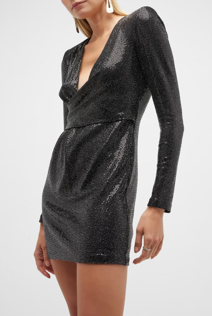 Esme Metallic Long-Sleeve Crossover Mini Dress - Black by Ramy Brook — alternate view