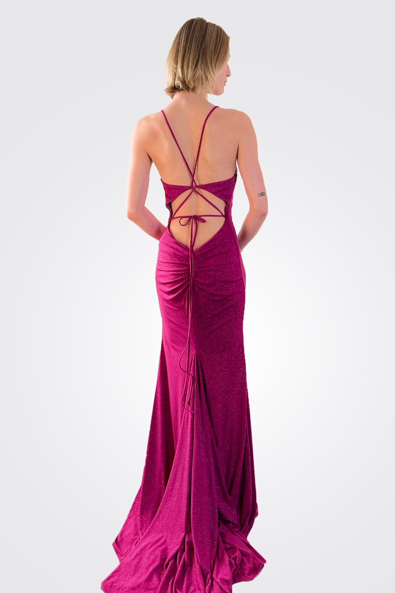Tie Back Glitter Gown - Fuchsia by Jovani — alternate view
