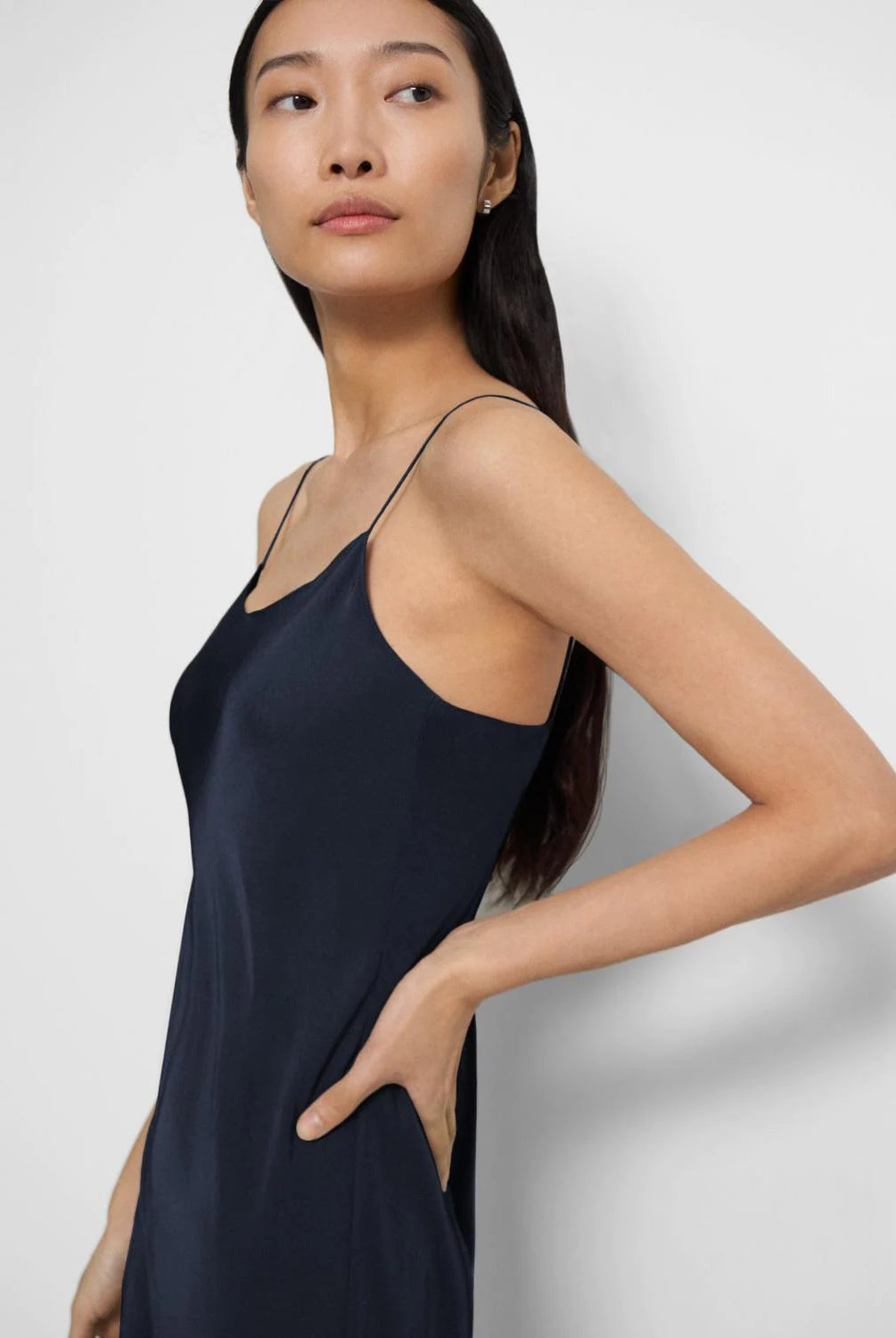 Washed Twill Smocked Slip Dress - Navy by Theory — alternate view