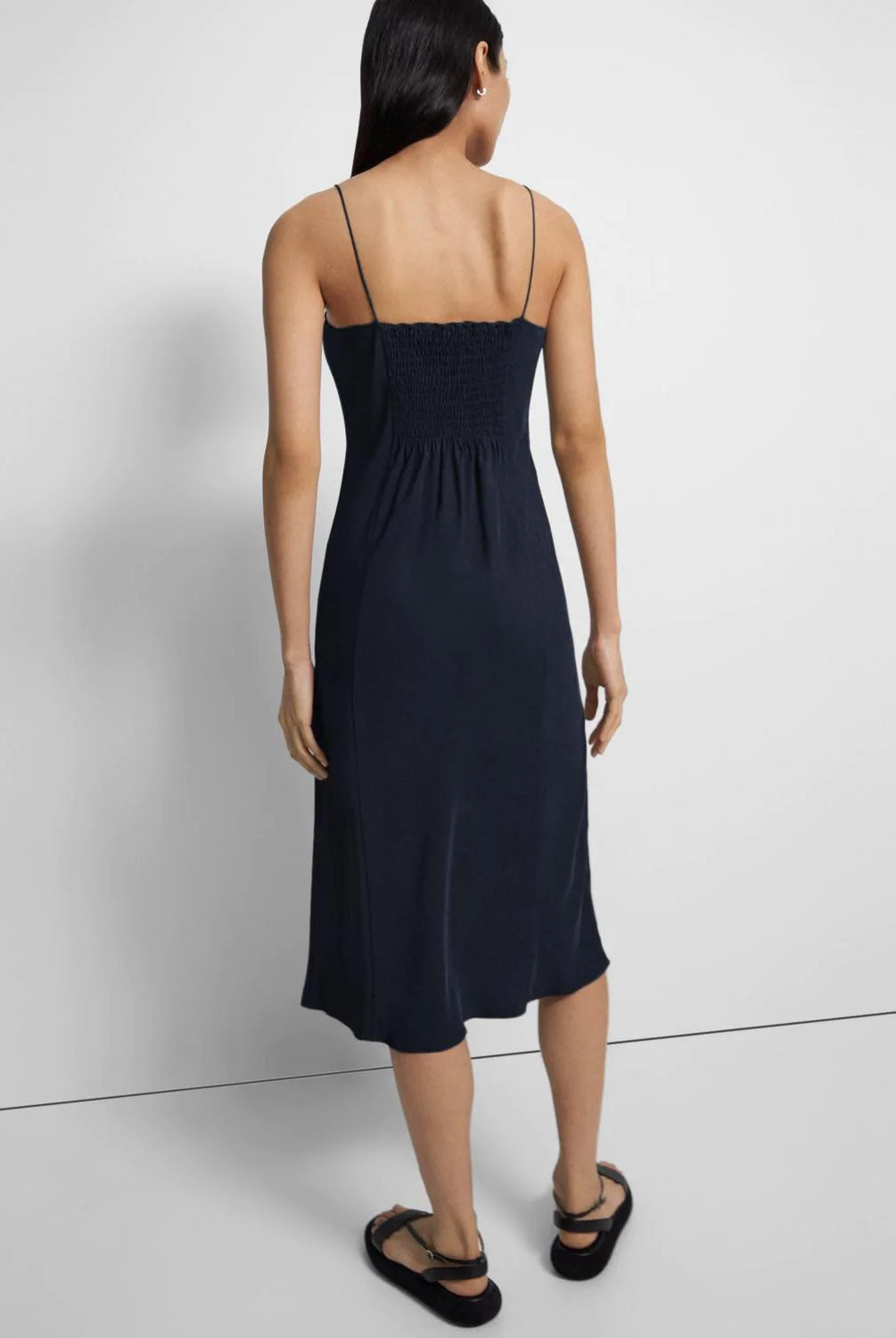 Washed Twill Smocked Slip Dress - Navy by Theory — view 4
