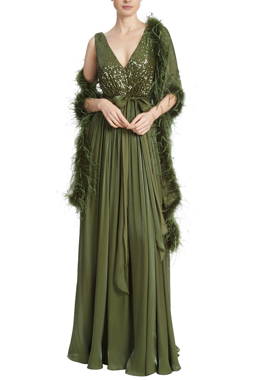Gown w/ Feather Wrap - Moss by Badgley Mischka | 25 South Boutiques