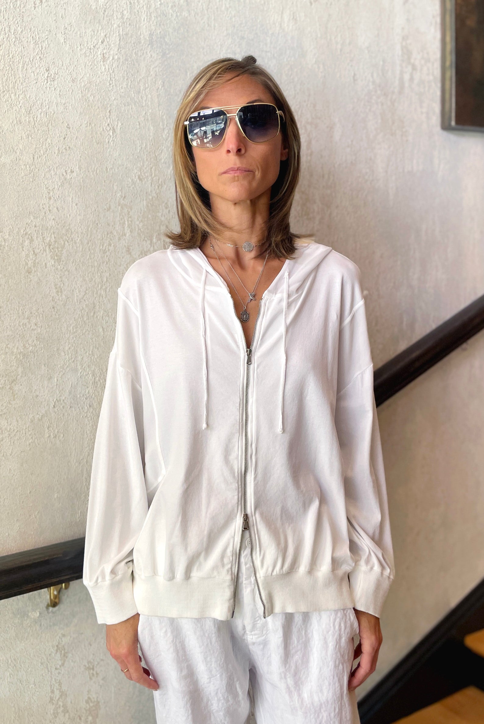 Regular Fit Stretch Cotton Jersey Jacket w/ Hood - White by Transit Par-Such — alternate view