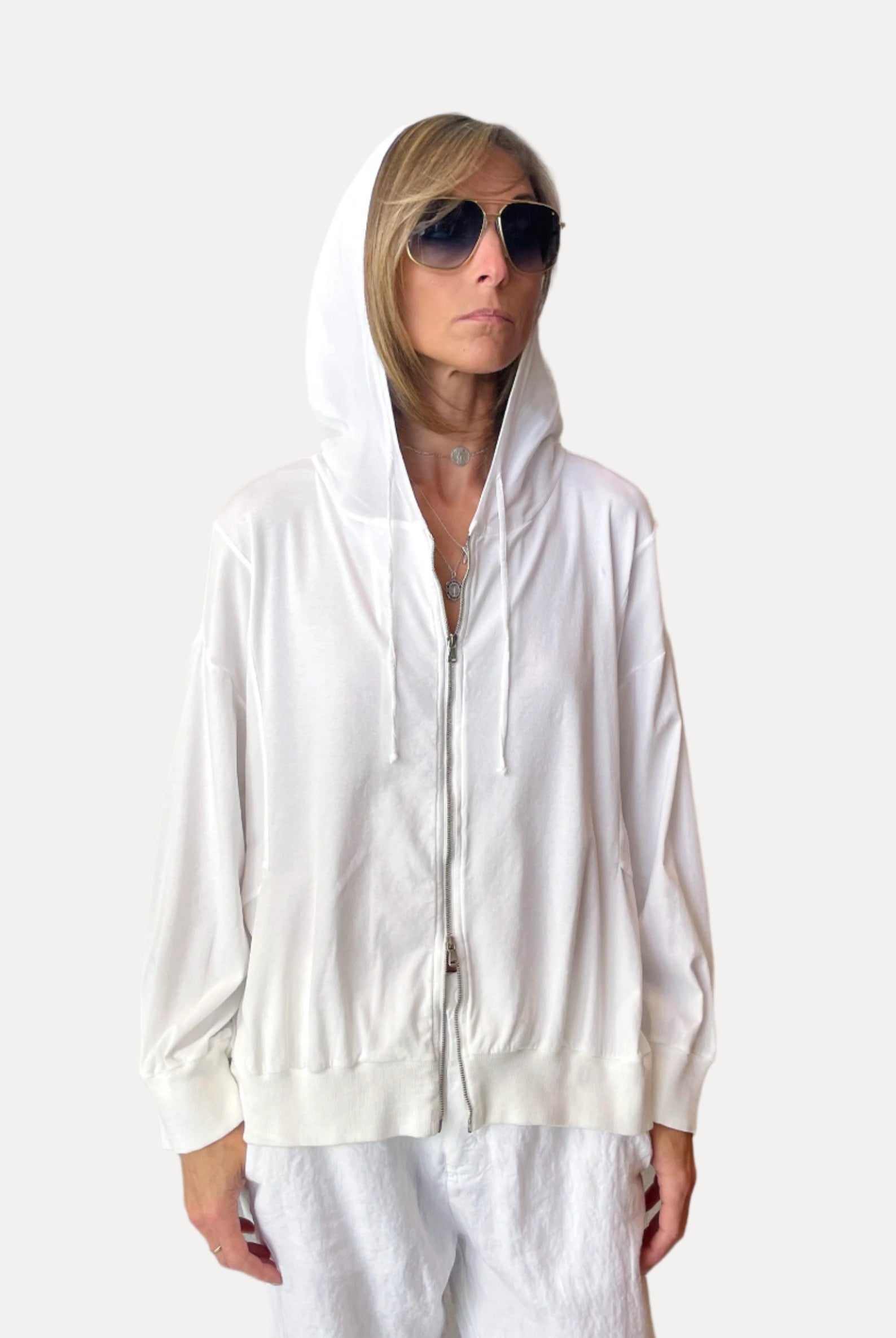 Regular Fit Stretch Cotton Jersey Jacket w/ Hood - White by Transit Par-Such | 25 South Boutiques