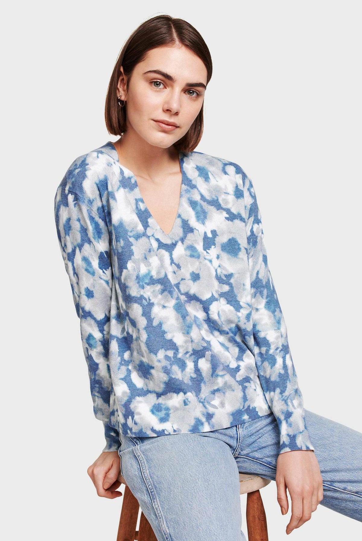 Tie Dye Floral V Neck - Indigo Combo by White + Warren | 25 South Boutiques